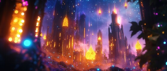 Obraz premium Illuminated fantasy cityscape at dusk with glowing towers and enchanting lights in a mystical setting