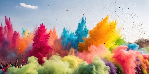 Obraz premium Wide Panorama of Rainbow Holi Colors Spreading Out, hues, holi