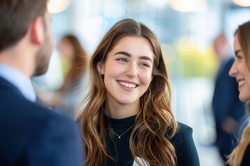 Fototapeta premium Smiling young woman engaging in conversation with colleagues at a professional event, representing networking and collaboration.