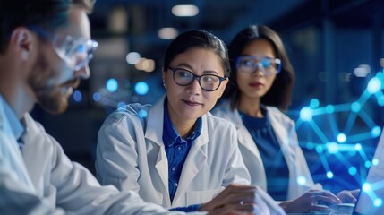 Diverse team of scientists in a laboratory, using futuristic digital interfaces to analyze data and collaborate on technology research.