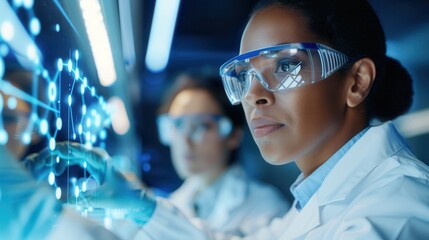 Female scientist wearing safety goggles in a laboratory, interacting with a futuristic digital interface, focused on advanced research.