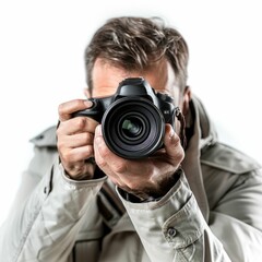 Photographer with camera on white background  closeup shots.