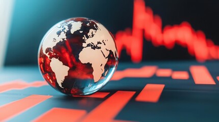 A glass globe representing Earth sits on a digital graph with red trends, symbolizing global economics and market fluctuations.