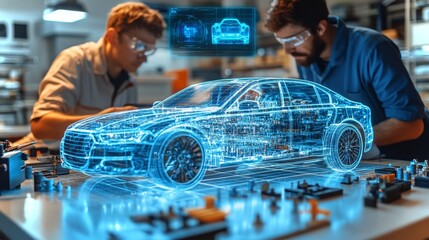 Engineers collaborating on automotive technology in a modern workshop during daytime