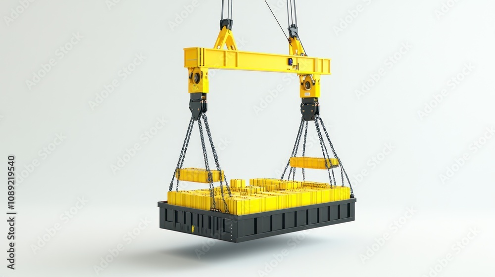 Poster a yellow crane lifting a black container filled with cylindrical objects.