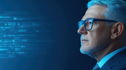 Businessman in suit and glasses analyzing data on digital screen in modern office setting