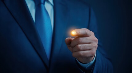 Fototapeta premium Businessman in suit activates glowing button, symbolizing technological innovation and futuristic user interface design.