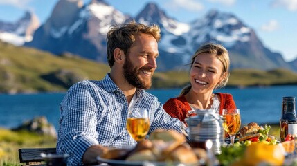 Happy couple relaxing and enjoying an outdoor picnic together while surrounded by a breathtaking mountain landscape and scenic lake