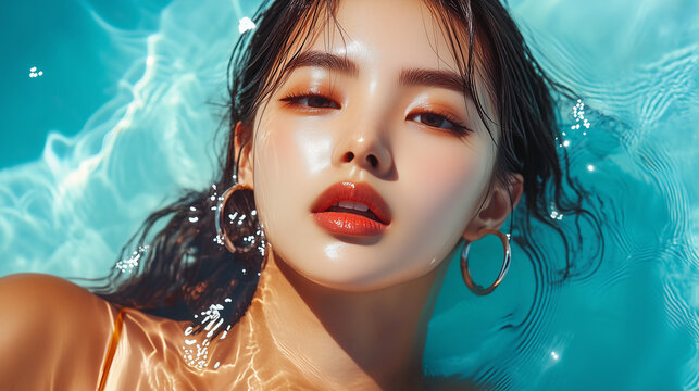Stunning close-up of a Korean model with dewy skin, glowing makeup, and bold hoop earrings immersed in crystal-clear blue water, capturing the essence of summer luxury.