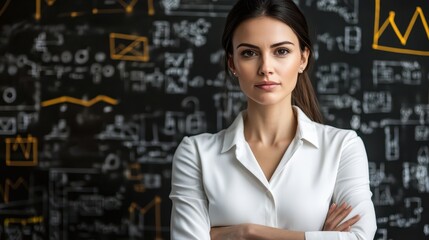 Woman unraveling the mysteries of mathematics, deep dive into formulas on blackboard.