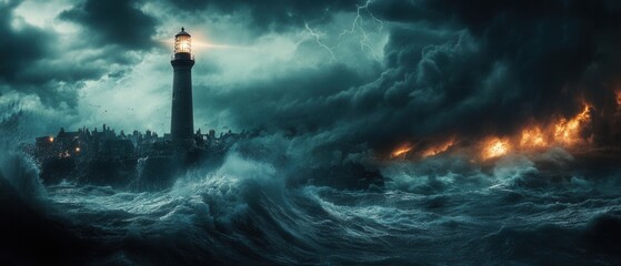 Stormy night with towering waves and a lighthouse guiding the way through turbulent waters
