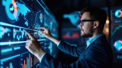 A focused businessman wearing glasses interacts with a high-tech digital screen displaying global financial charts and analytics.