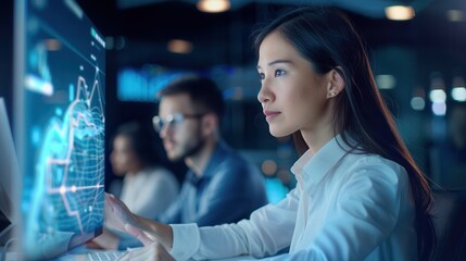 A professional businesswoman carefully examines a digital screen displaying graphs and analytics, working in a collaborative office setting.
