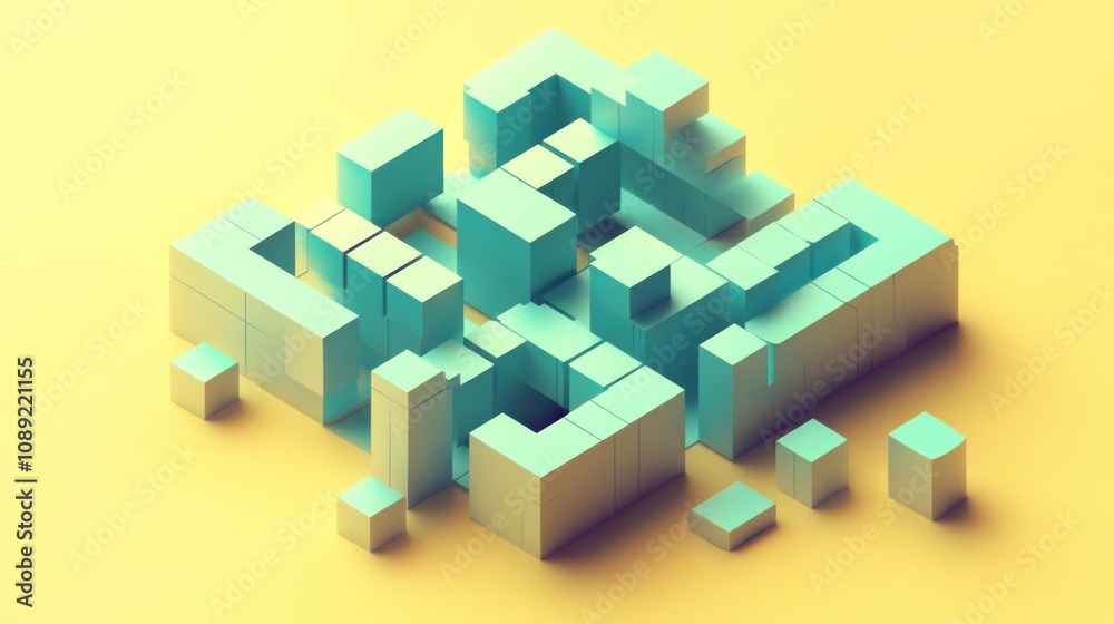 Poster Abstract 3D structure composed of blocks in a minimalist style on a soft yellow background.