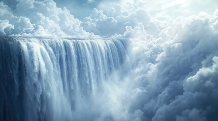 Majestic Waterfall Cascading Through Thick Clouds Under a Serene Sky, Creating a Tranquil and Dreamlike Atmosphere in Nature's Embrace