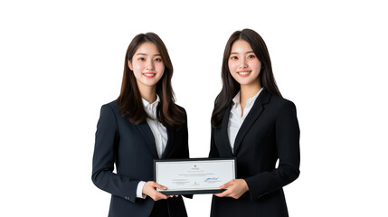 Two women in business attire holding a certificate together. Transparent background.