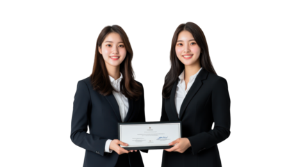 Two women in business attire holding a certificate together. Transparent background.