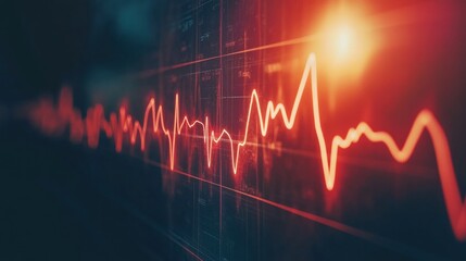 Glowing heartbeat line in vibrant red tones, smooth ECG waveform set against a dark gradient background with modern medical aesthetics