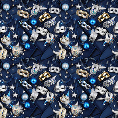 Obraz premium Luxurious New Year seamless pattern featuring glamorous party masks and noisemakers in metallic hues
