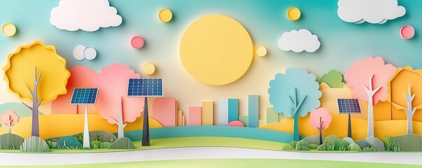 Fototapeta premium City park with solar lights, vibrant papercut scene, urban green energy, 3D illustration Carbon neutral paper-cut style.