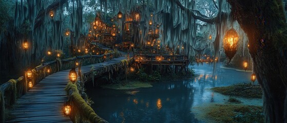 Obraz premium Enchanting forest walkway with lanterns and glowing lights at night near a tranquil waterbody