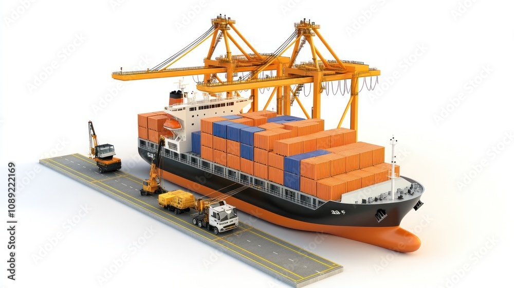 Poster a cargo ship loaded with colorful containers at a dock, ready for shipping operations.