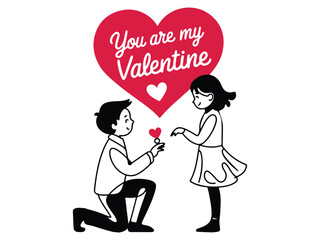 Happy valentines's Day! A continuous line art of a boy on his knees proposing to a girl on a white background. 