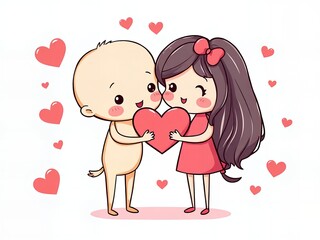 cartoon of a boy and girl holding a heart together.