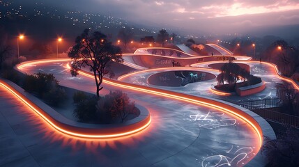 A futuristic skate park with bioluminescent ramps and holographic trick indicators promoting extreme sports 