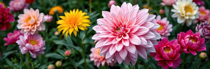 Vibrant dahlia blooms in a lush green garden surrounded by colorful peonies of various shades, blue, blooming, purple