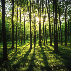 Obraz premium Enchanting Forest Scene with Sunlight Filtering Through Lush Green Trees, Creating Dramatic Shadows on Vibrant Green Grass Below in a Serene Natural Setting