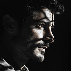 Striking profile of a man with dramatic shadow play illuminating his features