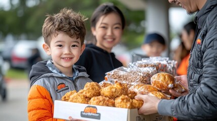 A delighted family enjoying a casual outdoor picnic together in the park surrounded by nature and indulging in freshly baked donuts and other tempting pastries