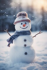 Obraz premium photograph of A happy wool snowman is riding in the snow. During the Christmas season