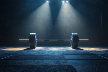 Empty Weightlifting Stage with Barbell Under Spotlight