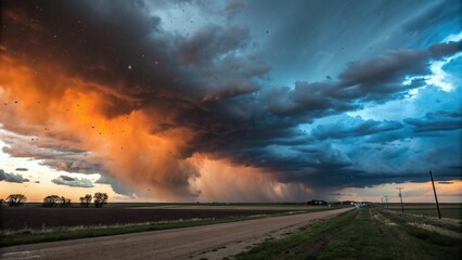 Obraz premium aggressive stormy sky with orange and blue splatters, rocky shores, aggressive weather, turmoil