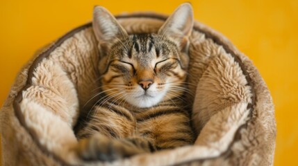Cat peacefully sleeping in a cozy bed.