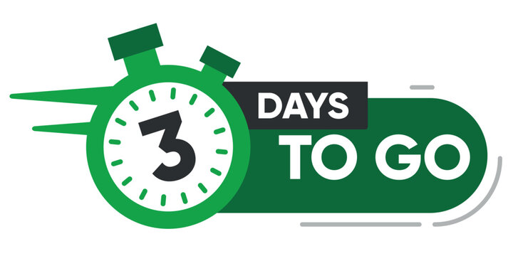 Green stopwatch icon with "3 days to go" text. Countdown timer design for promotions