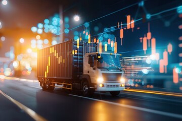 Modern cargo truck driving on highway at night with illuminated financial graphs, symbolizing logistics, transport, and global trade.