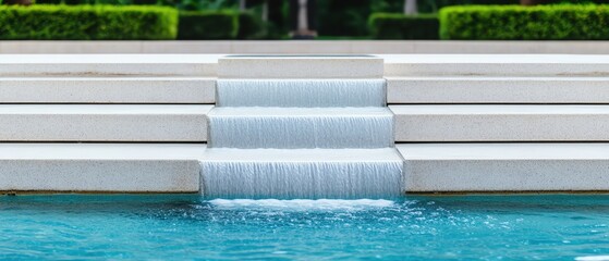 A tranquil waterfall cascades over modern stone steps into a serene blue pool.
