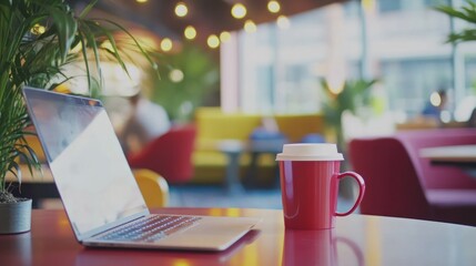 A cozy workspace featuring a laptop and a coffee cup in a vibrant caf? setting.