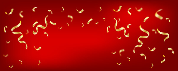 Celebration red background with falling gold confetti and serpentine ribbons