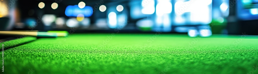 Poster A close-up view of a vibrant green pool table surface in a recreational setting.