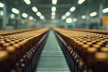 Fototapeta premium Inside the Beer Factory – Conveyor Belt Filled with Bottles, Brewery Production Line, and Industrial Beverage Manufacturing