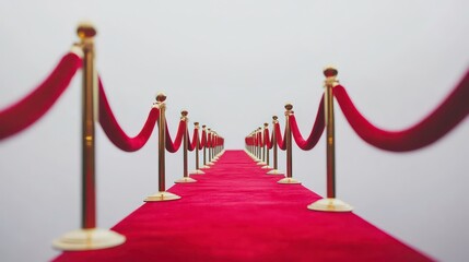 A long red carpet with golden stanchions, leading to an unseen destination.