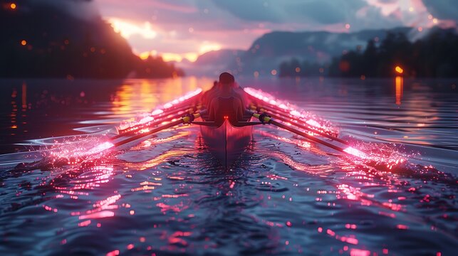A sleek rowing competition with interactive digital water current indicators and neon-lit boats promoting team rowing 