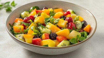 Vibrant fruit salad bursting with colorful cubes of mango, pineapple, and berries, garnished with fresh mint leaves in a white ceramic bowl on light surface.