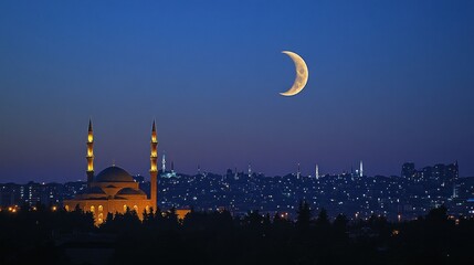Naklejka premium Crescent moon over illuminated mosque and city at night.
