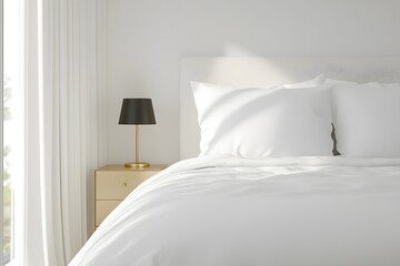 Interior of a Bedroom with White Blanket on Bed &ndash; Minimalist Design, Cozy Atmosphere, and Modern Home Decor