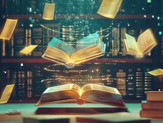 Virtual Library Themed Workspace with Floating Books and Glowing Knowledge Scrolls